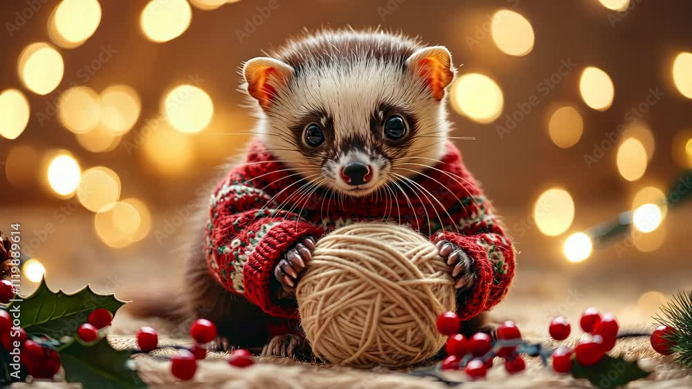 A fluffy ferret dressed in a knitted sweater with holly picture A fluffy ferret dressed in a knitted sweater with holly picture