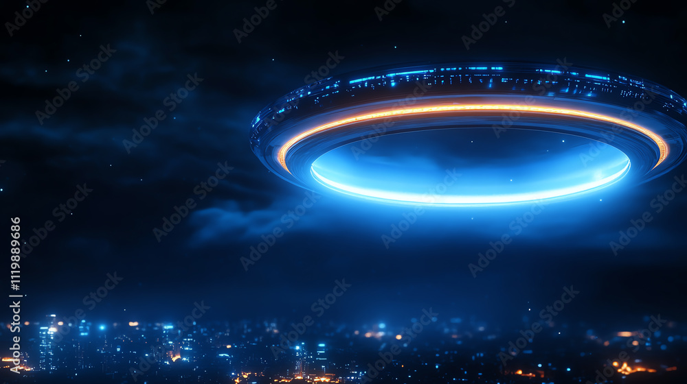 Obraz premium Futuristic UFO over a cityscape, illuminated by blue lights in a night sky.
