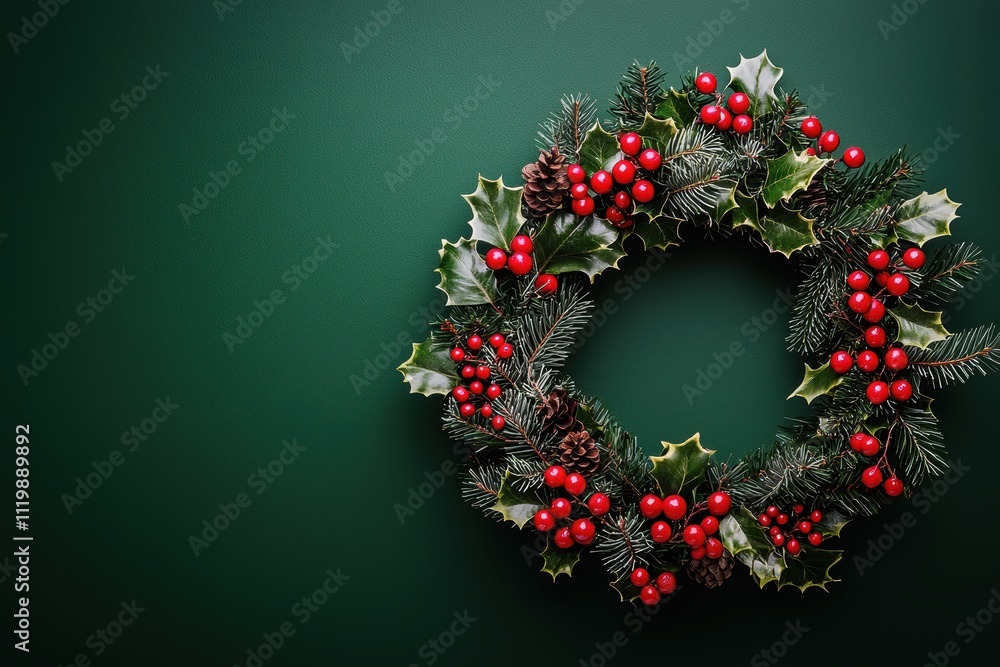 Festive Christmas Wreath with Holly Berries and Pine Cones Against a Deep Green Background Festive Christmas Wreath with Holly Berries and Pine Cones Against a Deep Green Background