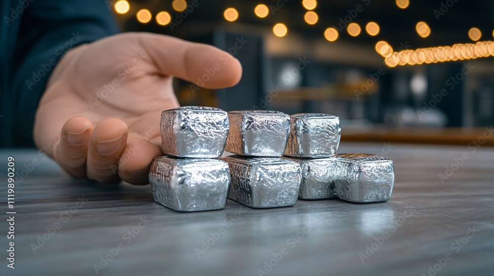 Hand Reaching for Stacked Silver Foil Cubes in Modern Setting Hand Reaching for Stacked Silver Foil Cubes in Modern Setting