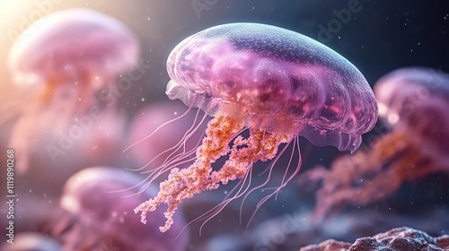 A vibrant pink jellyfish with long tentacles floats gracefully in the ocean, bathed in warm sunlight.