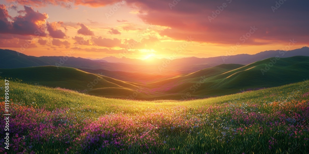 Obraz premium Serene Sunset Rolling Hills Wildflower Meadow Scenic Landscape