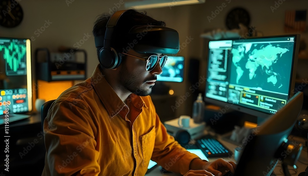 A virtual reality VR gaming arena with players wearing advanced headsets, surrounded by immersive 3D environments A virtual reality VR gaming arena with players wearing advanced headsets, surrounded by immersive 3D environments