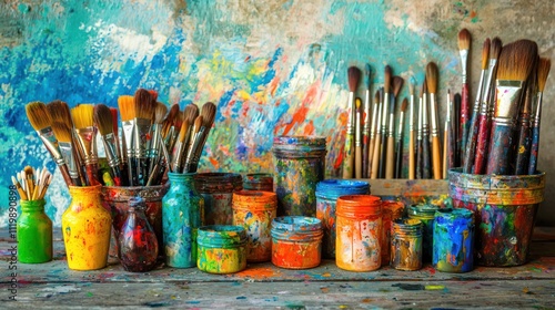 A carefully arranged selection of colorful paints, brushes, and canvases in an artistâ€™s studio, ready for a creative project
