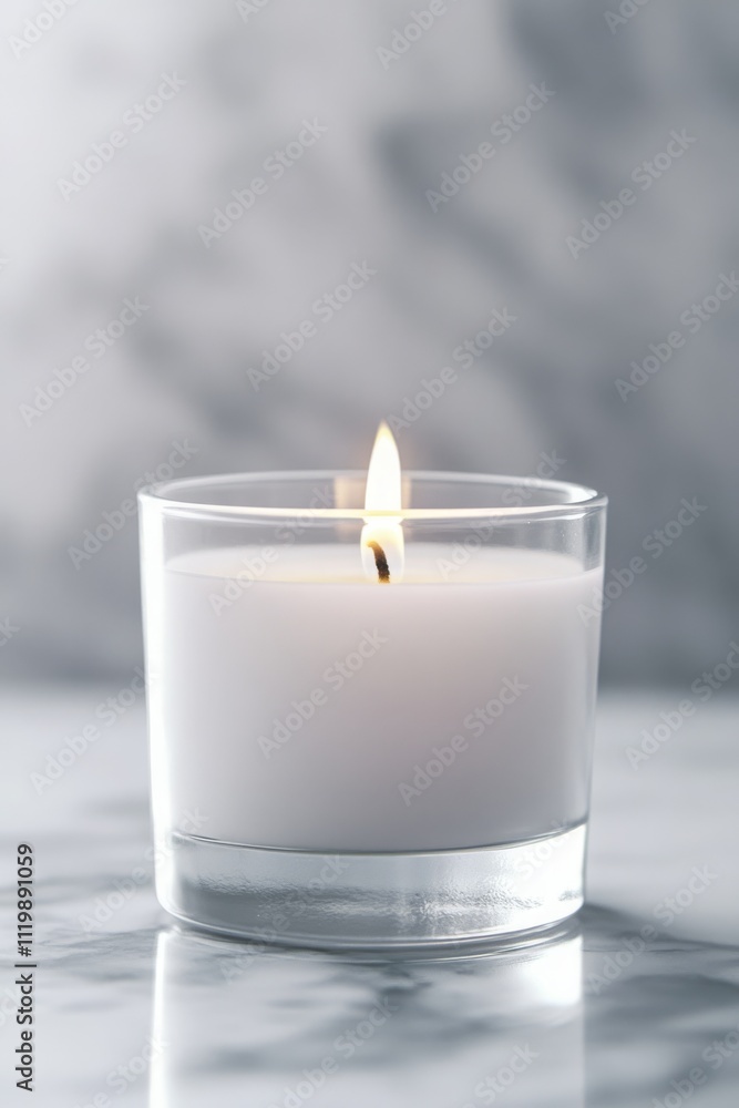 White candle burning in glass holder on marble surface White candle burning in glass holder on marble surface