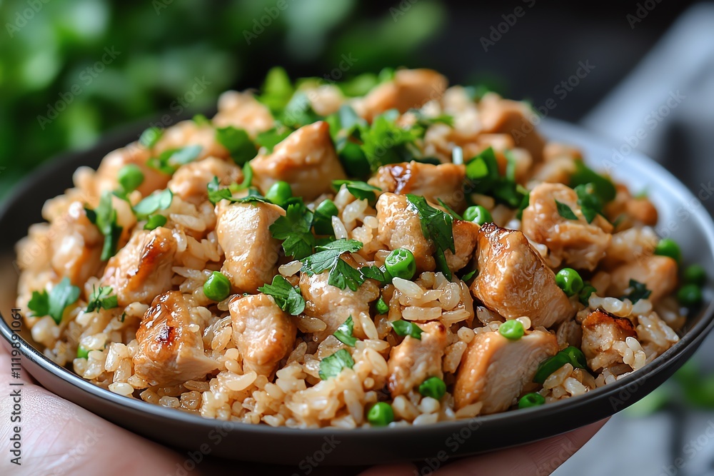 A Plate of Chicken Fried Rice Held in a Hand A Plate of Chicken Fried Rice Held in a Hand