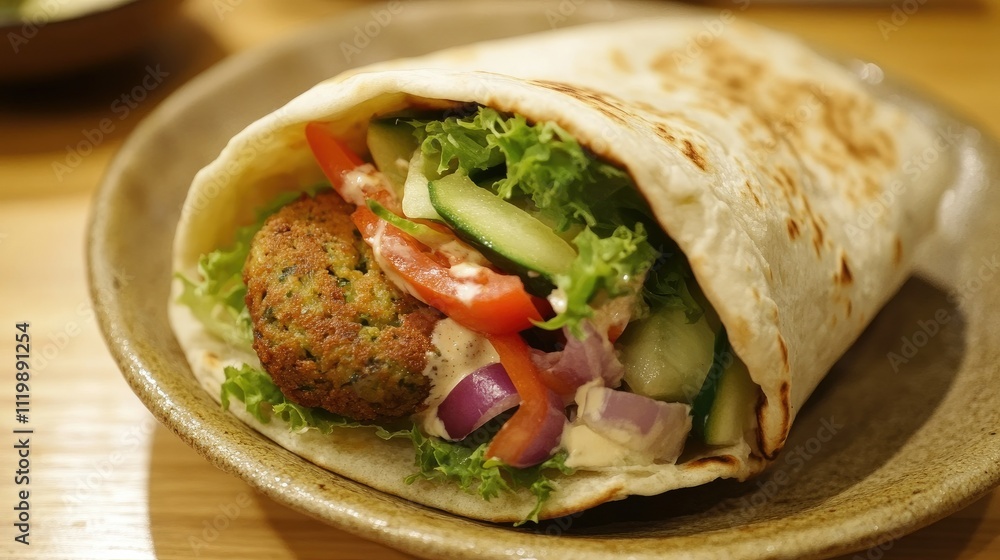 Delicious Falafel Wrap with Fresh Vegetables and Tasty Sauce on a Rustic Plate Ideal for Healthy Eating and Mediterranean Cuisine Lovers Delicious Falafel Wrap with Fresh Vegetables and Tasty Sauce on a Rustic Plate Ideal for Healthy Eating and Mediterranean Cuisine Lovers