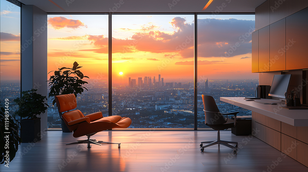 Fototapeta premium Minimalist home office with orange ergonomic chair, white desk, floor-to-ceiling windows