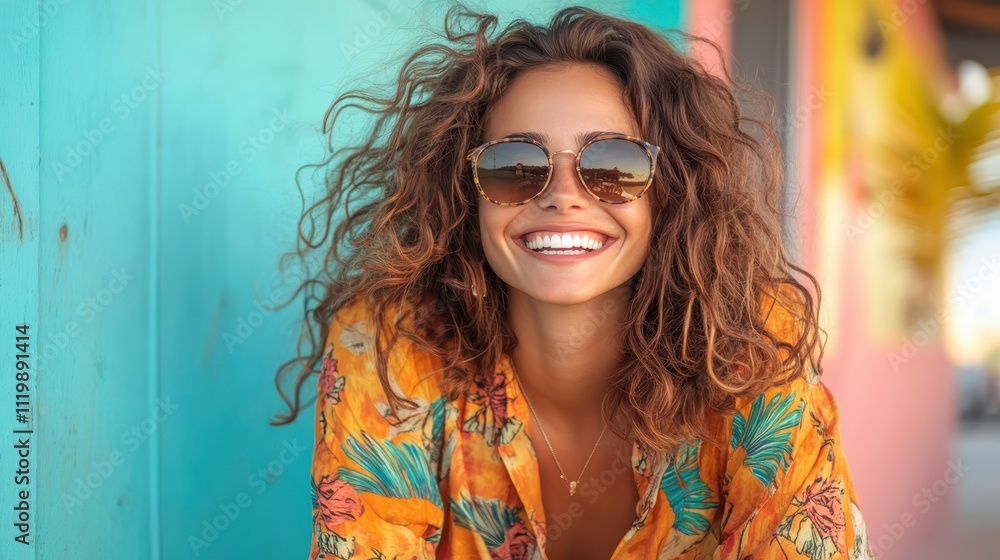 A joyful woman with curly hair in a vibrant floral outfit and sunglasses smiles brightly against a colorful beach backdrop, embodying happiness and easy-going style. A joyful woman with curly hair in a vibrant floral outfit and sunglasses smiles brightly against a colorful beach backdrop, embodying happiness and easy-going style.