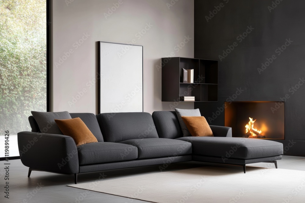 modern living room, a cozy grey corner sofa rests in a tranquil corner, complemented by a stylish shelving unit and fireplace, blending modern aesthetics with comfort modern living room, a cozy grey corner sofa rests in a tranquil corner, complemented by a stylish shelving unit and fireplace, blending modern aesthetics with comfort