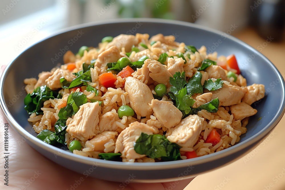 A Plate of Chicken Fried Rice with Vegetables Held in a Hand A Plate of Chicken Fried Rice with Vegetables Held in a Hand