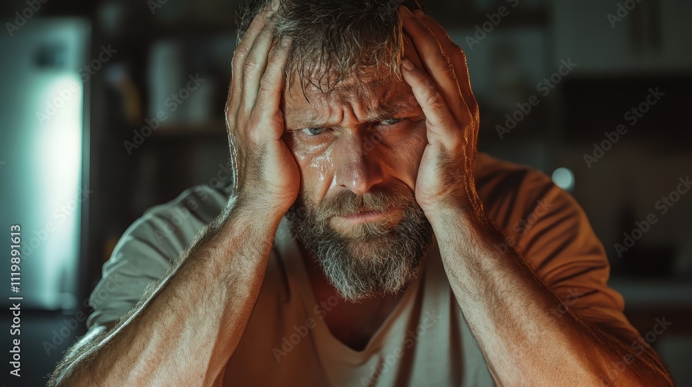 A disheveled man sits in contemplation at a kitchen table, his hands on his head, embodying distress and a search for mental clarity amidst life's complexities. A disheveled man sits in contemplation at a kitchen table, his hands on his head, embodying distress and a search for mental clarity amidst life's complexities.