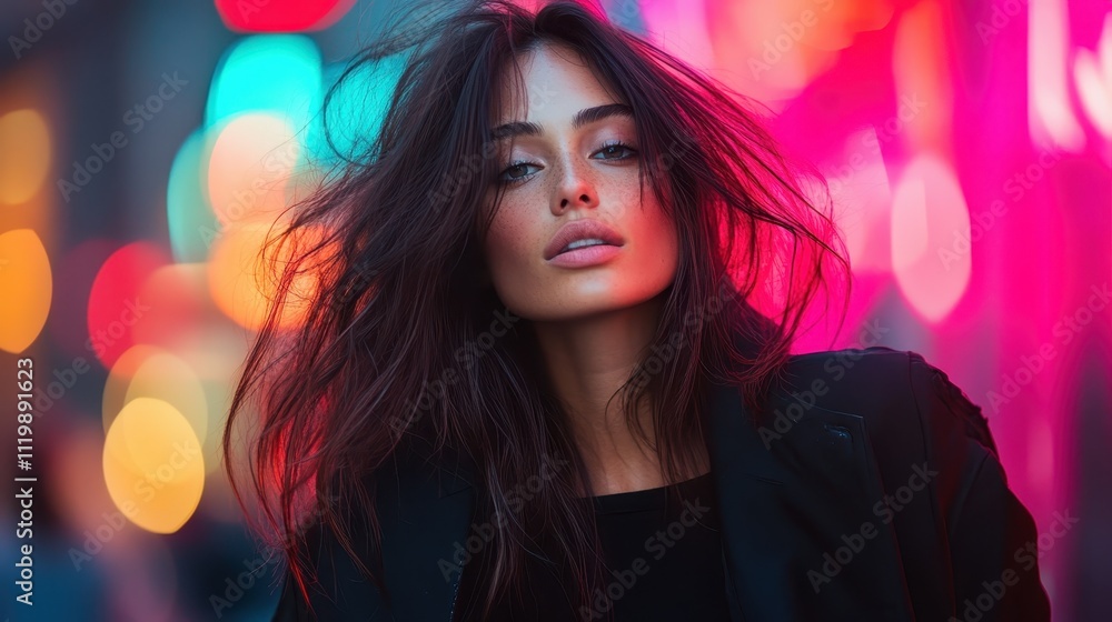 A captivating portrait showcasing a woman with tousled hair framed by vibrant neon bokeh lights. Her confident expression and makeup highlight modern street fashion style. A captivating portrait showcasing a woman with tousled hair framed by vibrant neon bokeh lights. Her confident expression and makeup highlight modern street fashion style.