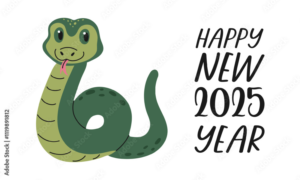 Hand drawn illustration of a cheerful green snake with Happy New 2025 Year lettering. Perfect for greeting cards, New Year decor, posters, stickers, and festive designs. Hand drawn illustration of a cheerful green snake with Happy New 2025 Year lettering. Perfect for greeting cards, New Year decor, posters, stickers, and festive designs.