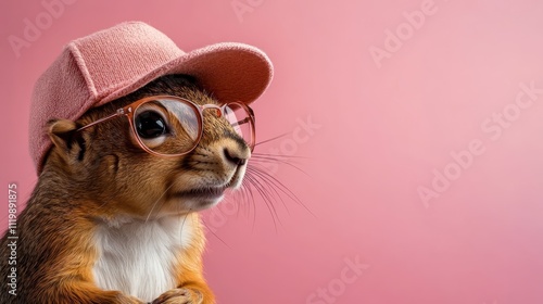 An adorable squirrel is looking playfully stylish wearing glasses with a coordinating pink cap, set against a bright pink background for a fun and trendy image. photo