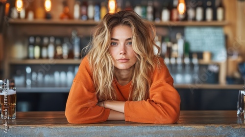 A warm and inviting scene of a woman in a cozy orange sweater leaning amicably on a bar counter, set amidst a softly lit bar with a comforting ambiance. photo