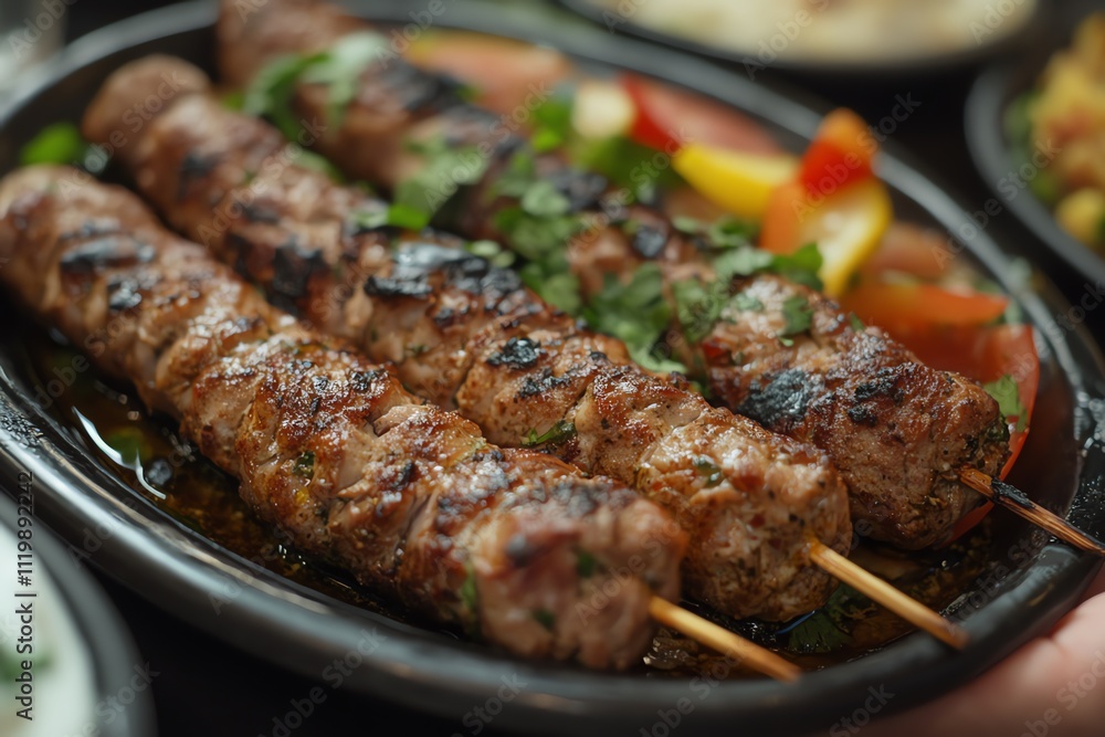 A Plate of Chicken Kebabs with Sauce Held in a Hand A Plate of Chicken Kebabs with Sauce Held in a Hand