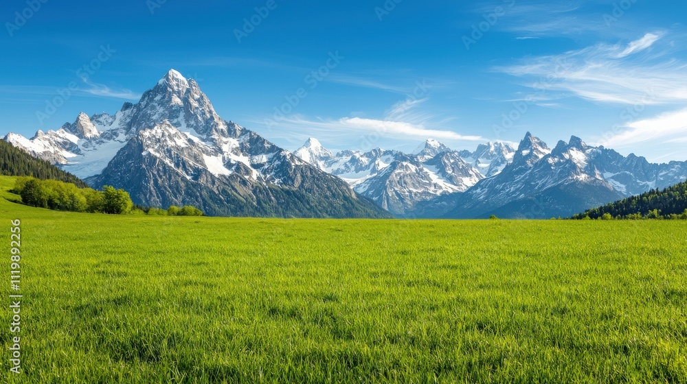 Fototapeta premium A picturesque landscape featuring snow-capped mountains under a clear blue sky, bordered by lush green fields.