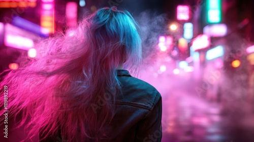 A mysterious woman with pink and blue hair flows gracefully in vivid neon lights, creating an enigmatic atmosphere that embodies the essence of nightlife and freedom. photo