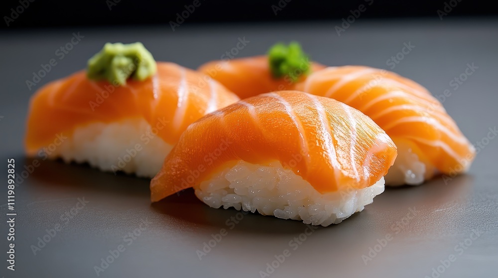 This image depicts four fresh salmon sushi pieces arranged on a smooth, clean surface; each piece is topped with a small amount of wasabi for a touch of spice. This image depicts four fresh salmon sushi pieces arranged on a smooth, clean surface; each piece is topped with a small amount of wasabi for a touch of spice.