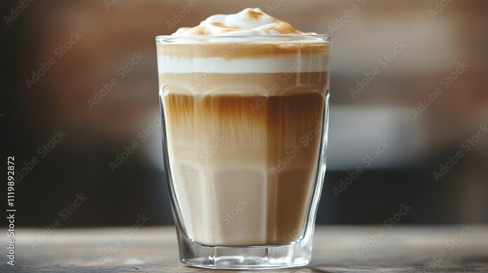 creamy latte served in clear glass with visible foam swirls under soft studio lighting creamy latte served in clear glass with visible foam swirls under soft studio lighting
