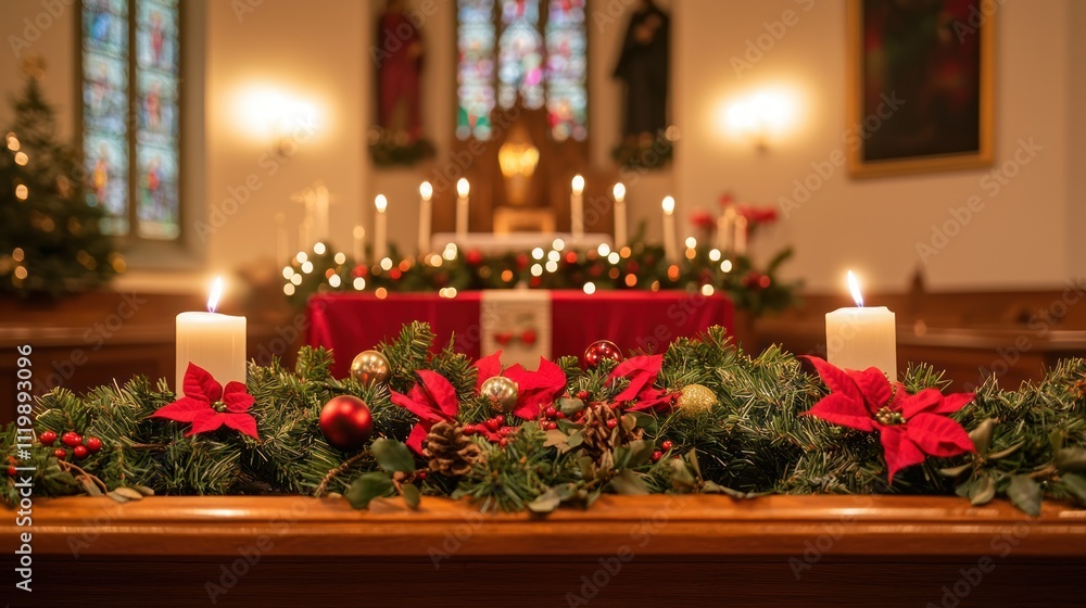 A church altar adorned with seasonal decorations and an Advent wreath, with its candles lit, representing the religious observance and preparation for Christmas A church altar adorned with seasonal decorations and an Advent wreath, with its candles lit, representing the religious observance and preparation for Christmas