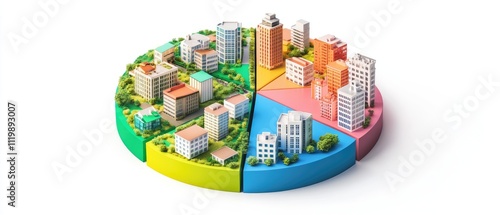 Cityscape divided into sections, representing urban planning or real estate market share.