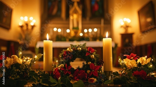 A church altar adorned with seasonal decorations and an Advent wreath, with its candles lit, representing the religious observance and preparation for Christmas photo