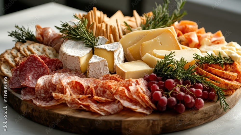 An exquisite cheese and charcuterie board offers a lavish selection of cheeses, cured meats, crackers, grapes, and herbs arranged beautifully on a round platter. An exquisite cheese and charcuterie board offers a lavish selection of cheeses, cured meats, crackers, grapes, and herbs arranged beautifully on a round platter.