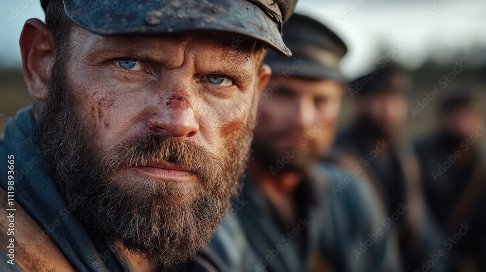 A group of rugged soldiers with determined expressions, showcasing solidarity in adversity, reflecting the bonds of brotherhood and unwavering resolve under pressure. A group of rugged soldiers with determined expressions, showcasing solidarity in adversity, reflecting the bonds of brotherhood and unwavering resolve under pressure.