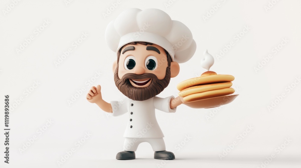 A cheerful cartoon chef holding a stack of pancakes, ready to serve delicious food. A cheerful cartoon chef holding a stack of pancakes, ready to serve delicious food.
