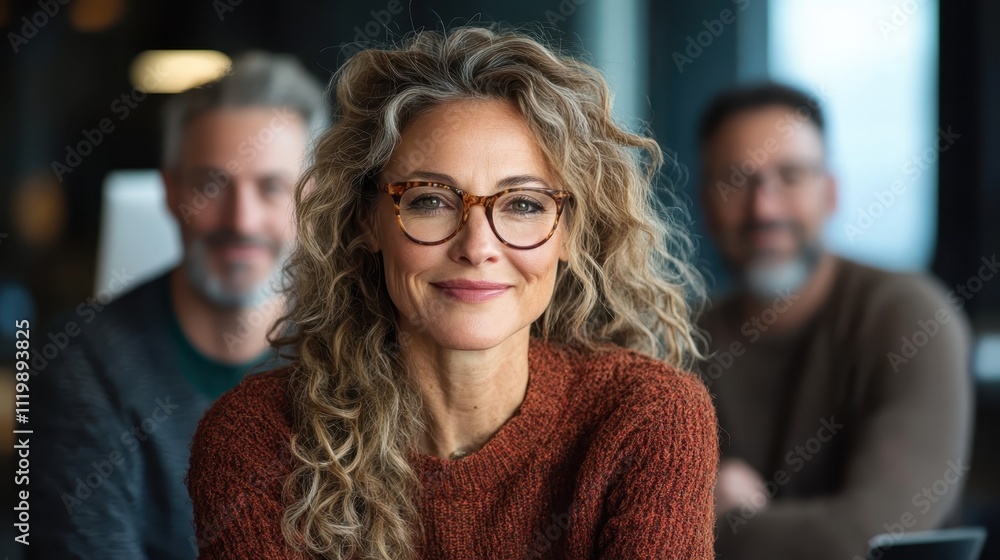 A confident mature woman with curly hair and glasses in a sweater, accompanied by two blurred male figures in the background, embodying professionalism and warmth. A confident mature woman with curly hair and glasses in a sweater, accompanied by two blurred male figures in the background, embodying professionalism and warmth.