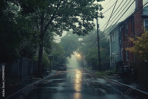 A tranquil street enveloped in fog, creating a serene atmosphere of calmness.