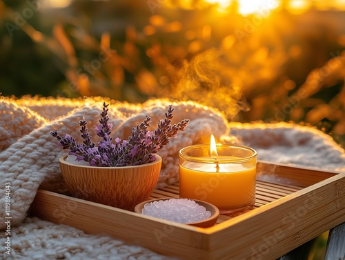Outdoor Bliss: Lavender, Candle, and Warm Blanket for a Relaxing Evening