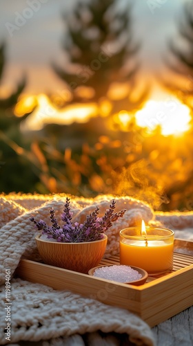Outdoor Bliss: Lavender, Candle, and Warm Blanket for a Relaxing Evening
