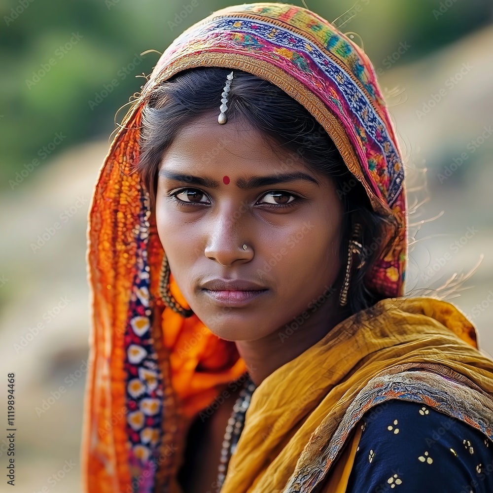 Young woman adorned in vibrant traditional attire, displaying strength and grace. Young woman adorned in vibrant traditional attire, displaying strength and grace.