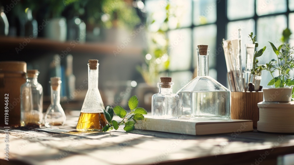 Glass bottles and greenery on a sunlit rustic table Glass bottles and greenery on a sunlit rustic table