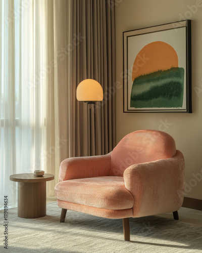 A sleek and minimalist living room in Japandi style, showcasing an accent pink armchair bathed in natural light from a nearby window. The design blends simplicity and comfort with a touch of modern el photo