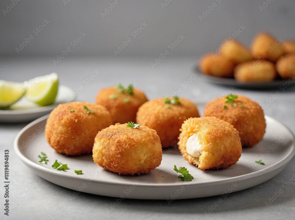 A small white plate featuring golden-brown croquetas. A small white plate featuring golden-brown croquetas.