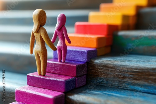 Two wooden figures ascend colorful steps, symbolizing growth and companionship.