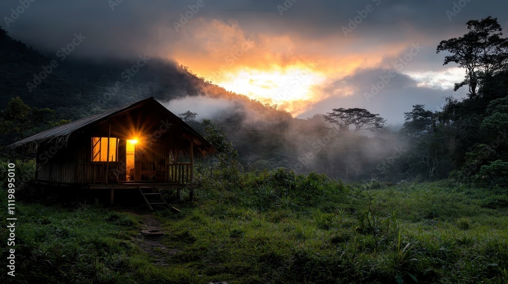 A wooden cabin radiates warm light, situated in a misty forest during sunset, creating an atmosphere of mystery and tranquility, conveying an intimate connection with nature. A wooden cabin radiates warm light, situated in a misty forest during sunset, creating an atmosphere of mystery and tranquility, conveying an intimate connection with nature.