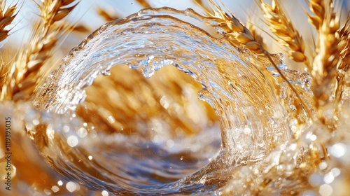 Captivating Swirling Water Splash Surrounded by Golden Wheat Fields Under Bright Sunlight, Highlighting Nature's Harmony and Beauty