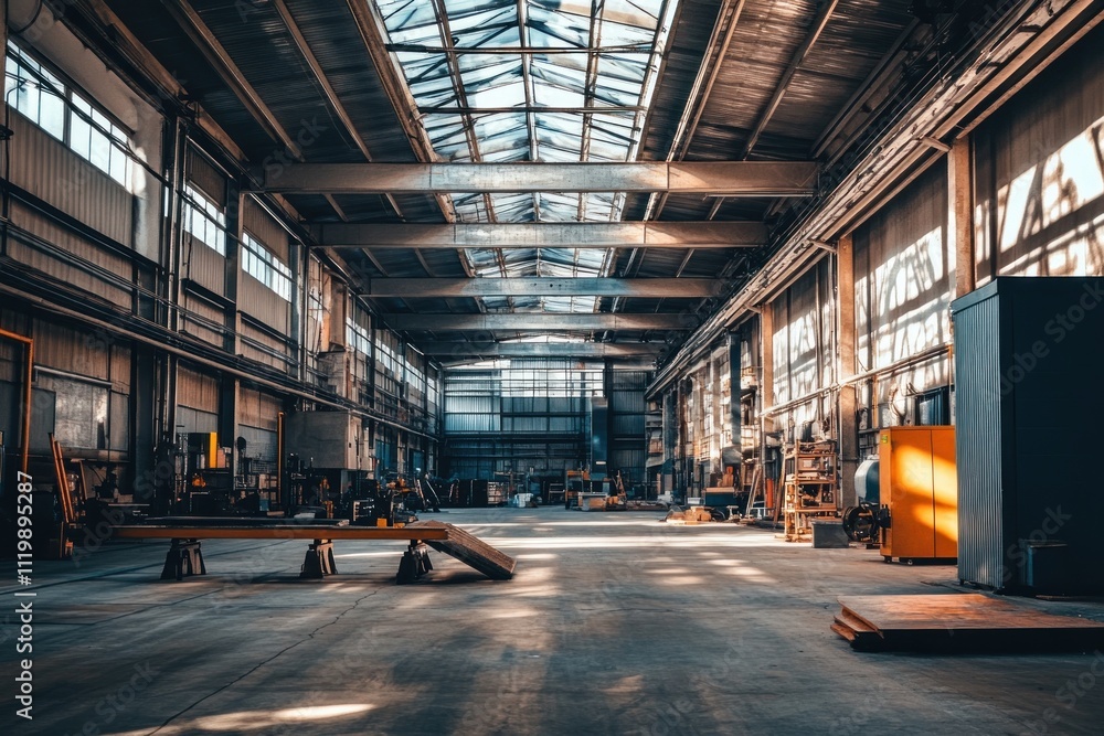 Spacious industrial interior with large windows and machinery, highlighting a manufacturing space. Spacious industrial interior with large windows and machinery, highlighting a manufacturing space.