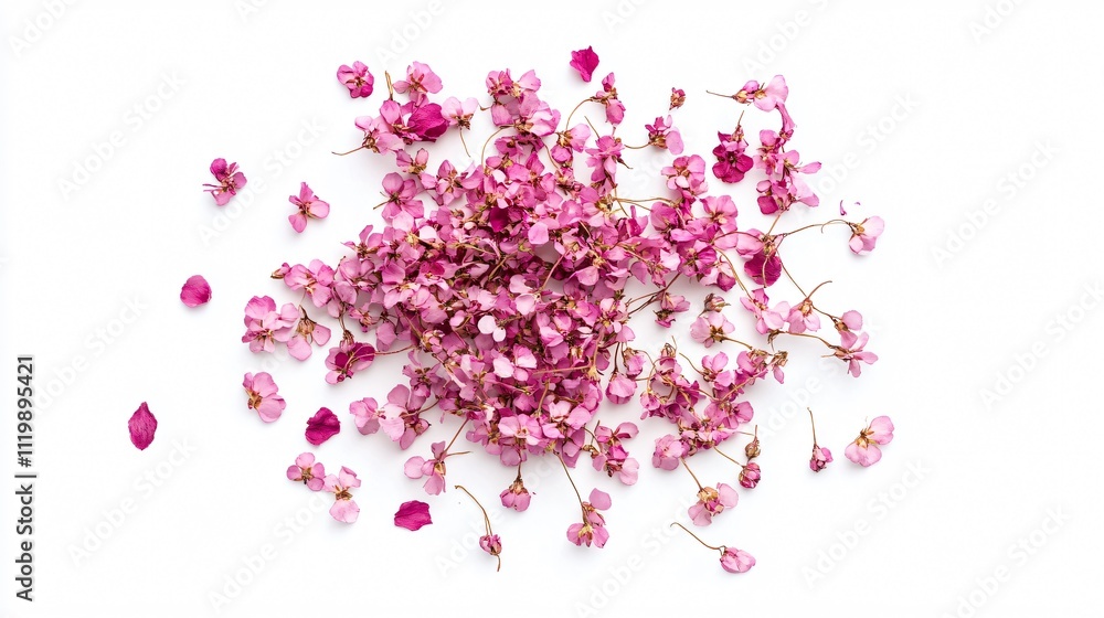 Isolated cluster of Baby’s Breath blooms on a white background, with scattered dried petals for decoration Isolated cluster of Baby’s Breath blooms on a white background, with scattered dried petals for decoration