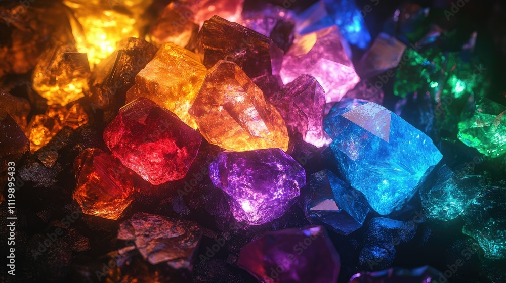 Vibrant Collection of Colorful Crystals Glowing Brightly in the Darkness, Showcasing an Artistic Arrangement of Shimmering Gemstones in Various Hues Vibrant Collection of Colorful Crystals Glowing Brightly in the Darkness, Showcasing an Artistic Arrangement of Shimmering Gemstones in Various Hues