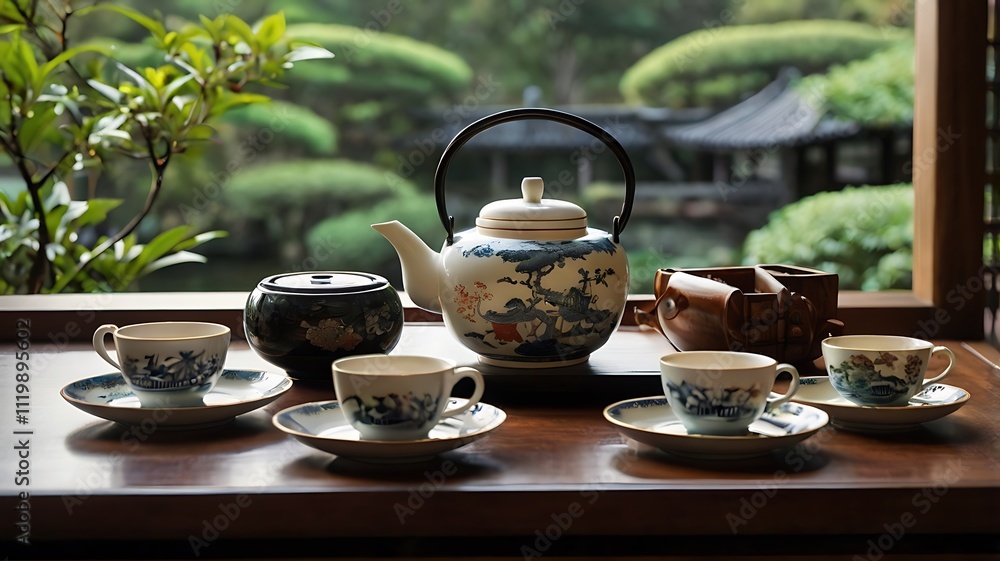 Elegant Tea Set Beside Garden Window View Elegant Tea Set Beside Garden Window View