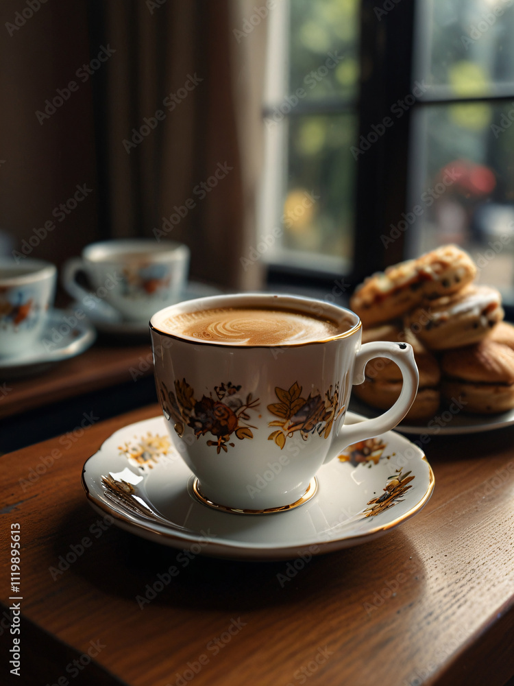Savoring afternoon tea with elegant teacups and sweets. Savoring afternoon tea with elegant teacups and sweets.