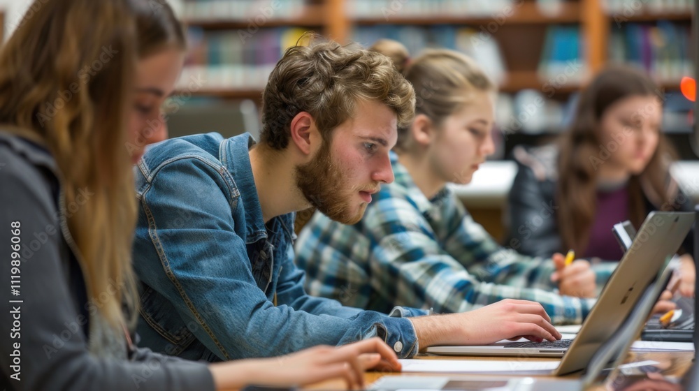 Young students researching inventions with modern technology in university libraries Young students researching inventions with modern technology in university libraries