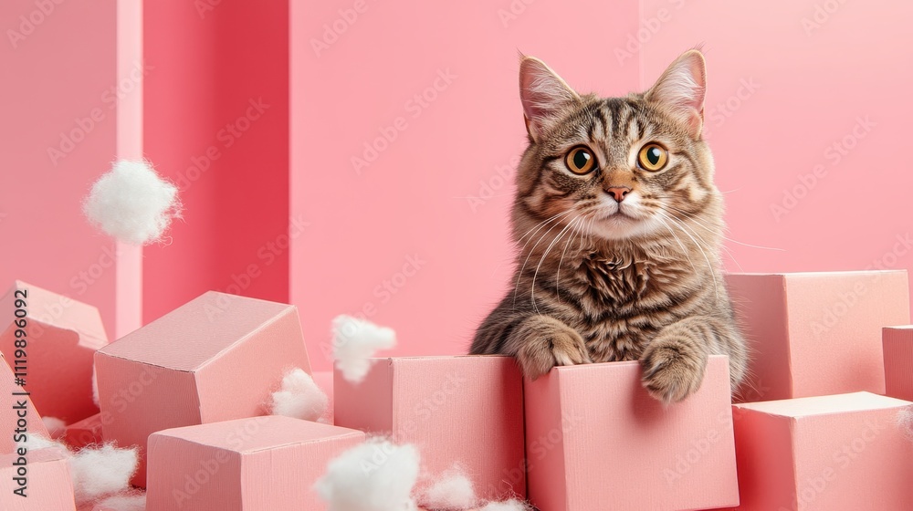 Obraz premium A playful tabby kitten emerges from among pastel pink boxes in a bright indoor setting, capturing the essence of playfulness, curiosity, and charm.