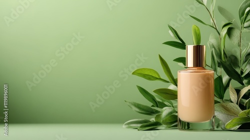 A luxurious perfume bottle with a sleek gold cap set against lush greenery, creating a harmonious blend of modern elegance and natural simplicity in soft lighting. photo